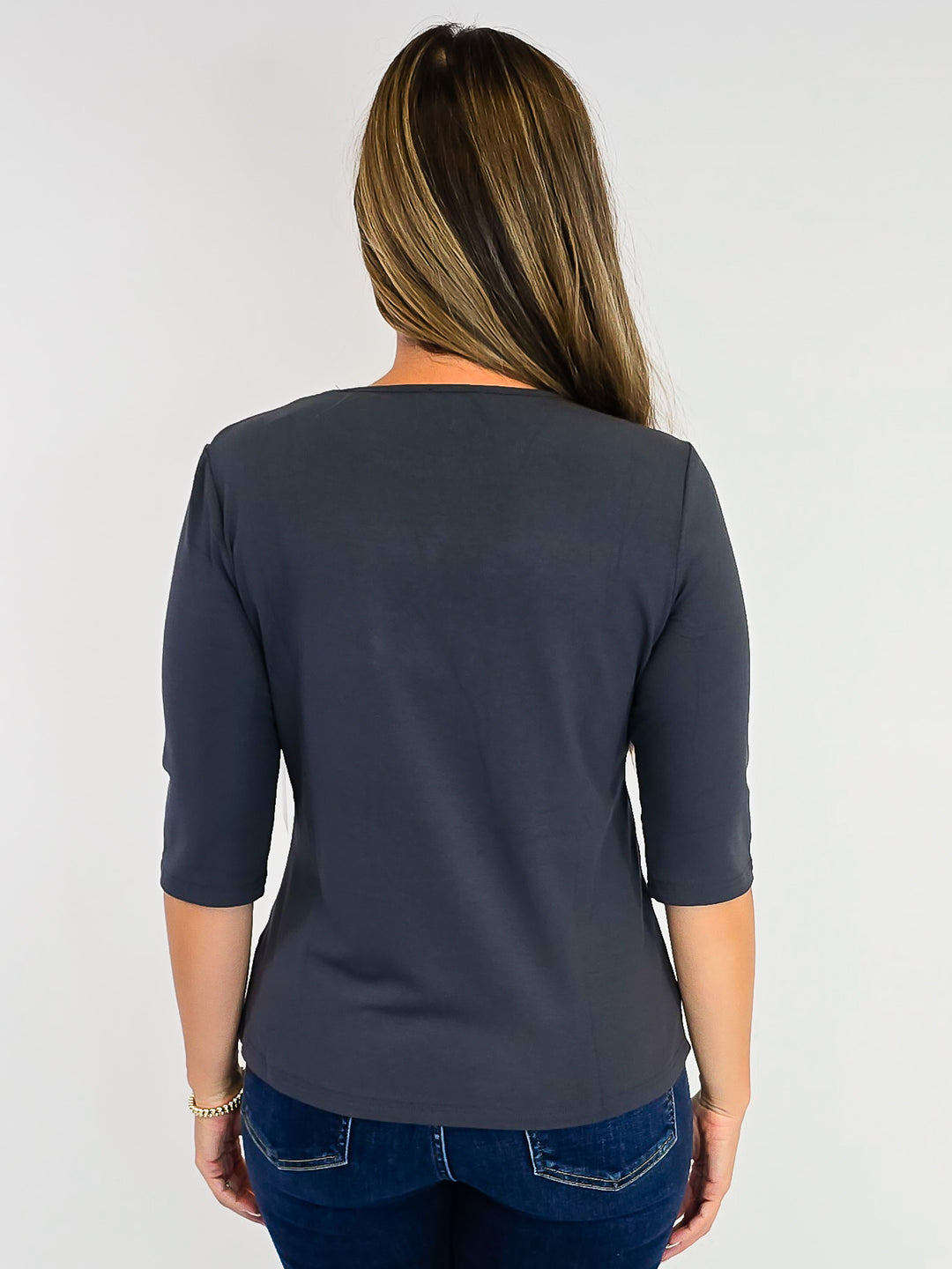 ELBOW SLEEVE SOLID KNIT TOP - CHARCOAL