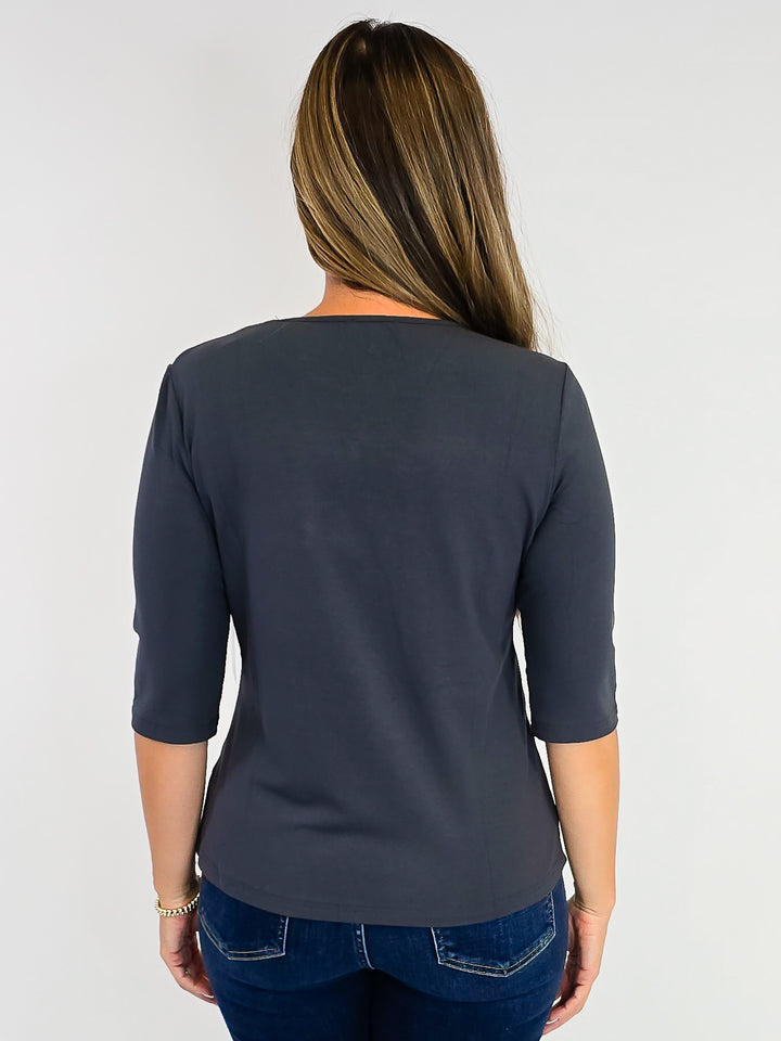 ELBOW SLEEVE SOLID KNIT TOP - CHARCOAL