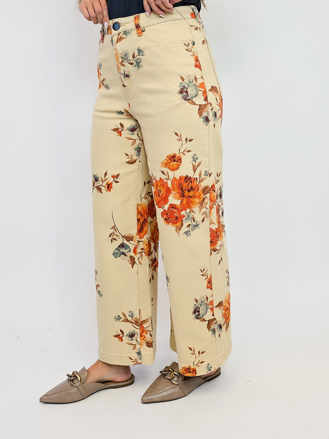 FLOWER PRINT STRETCH WASHED TWILL PANTS - KHAKI