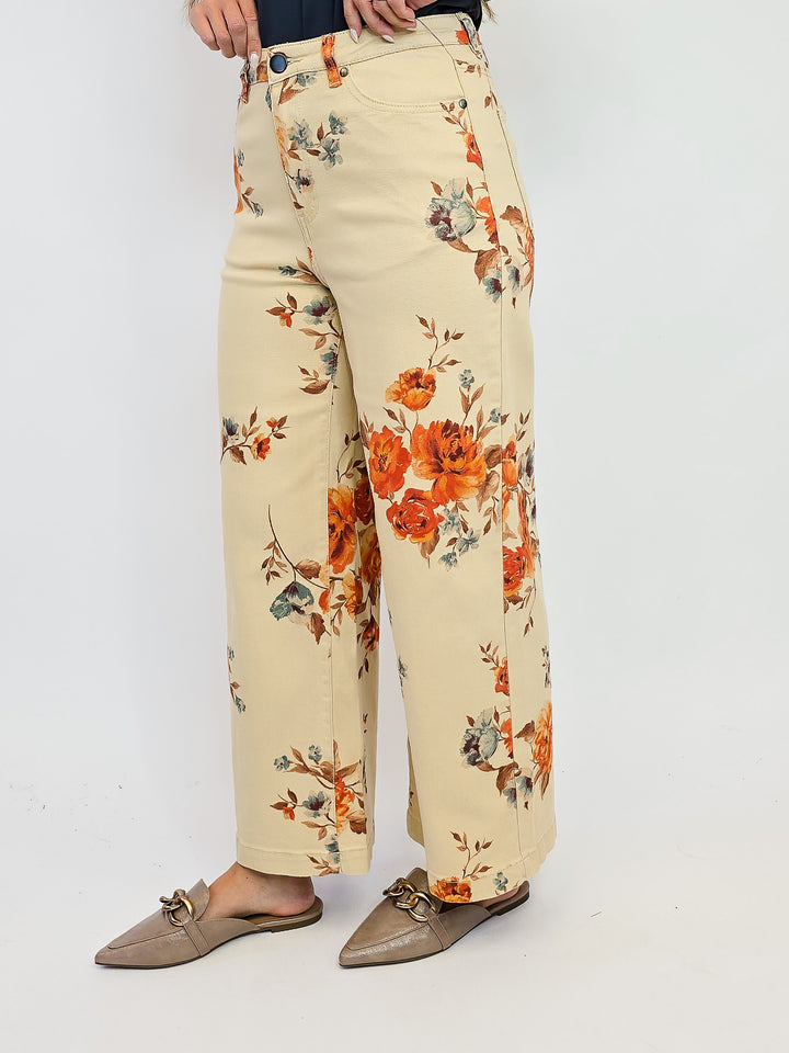 FLOWER PRINT STRETCH WASHED TWILL PANTS - KHAKI