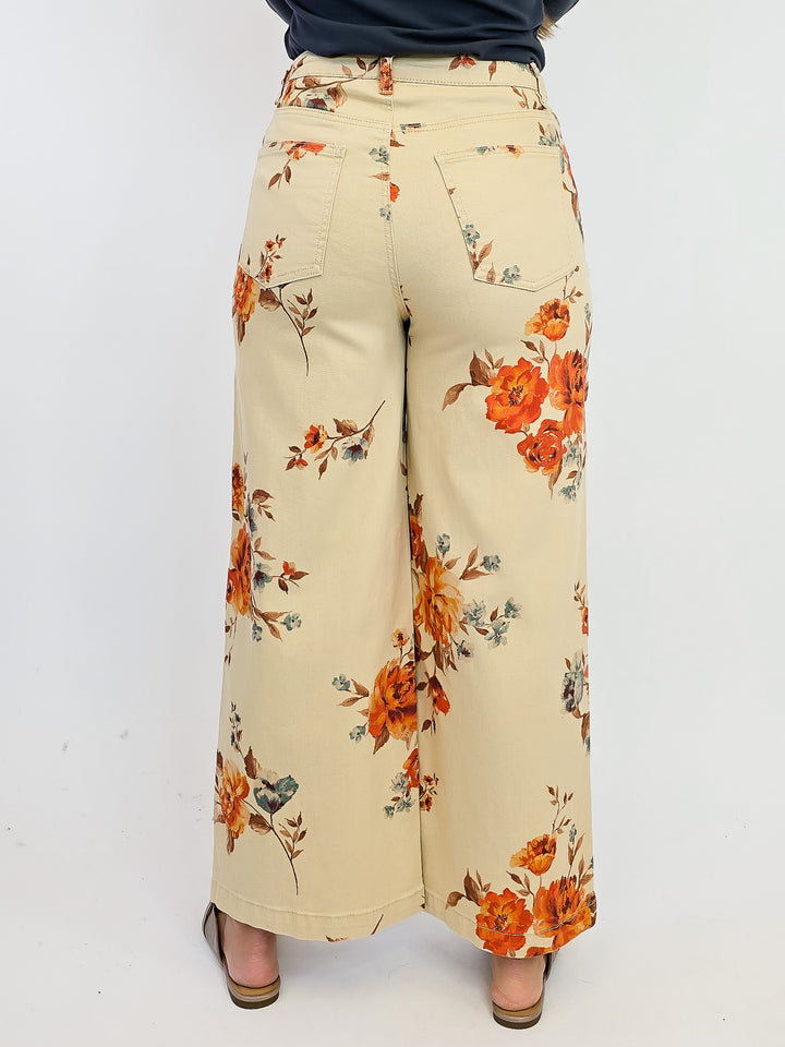 FLOWER PRINT STRETCH WASHED TWILL PANTS - KHAKI
