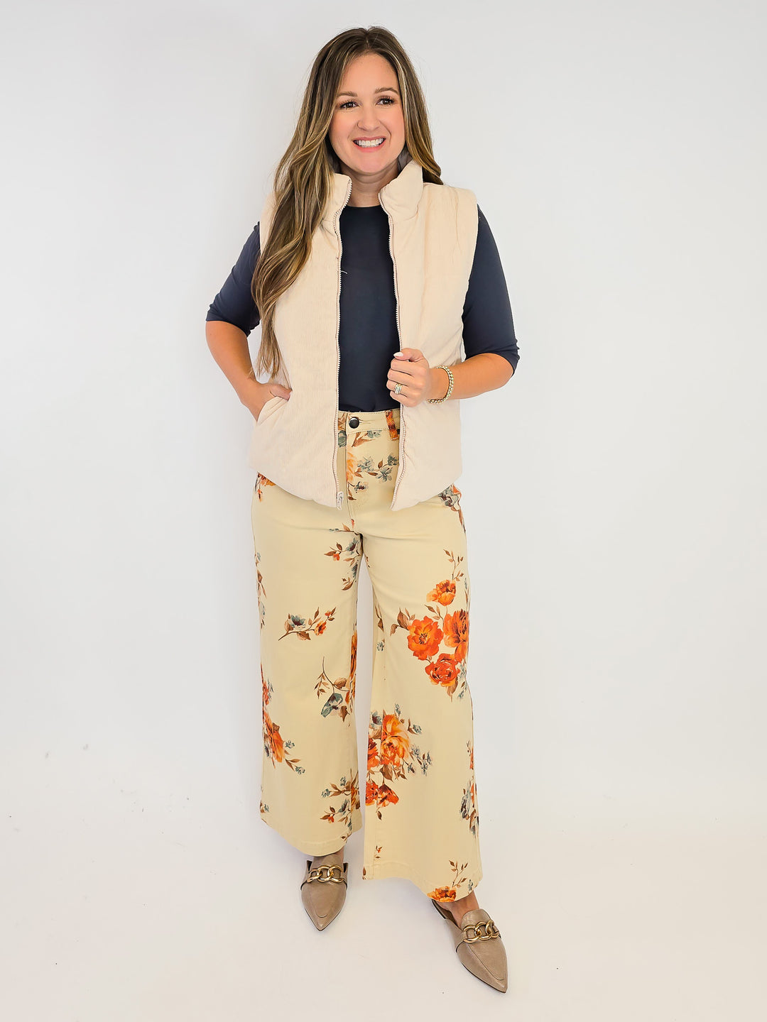 FLOWER PRINT STRETCH WASHED TWILL PANTS - KHAKI