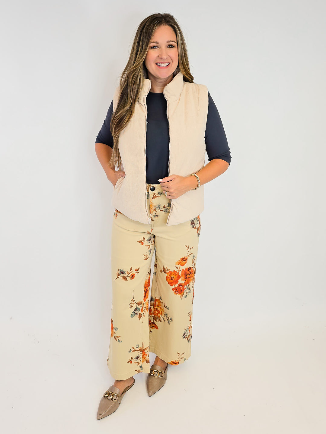 FLOWER PRINT STRETCH WASHED TWILL PANTS - KHAKI