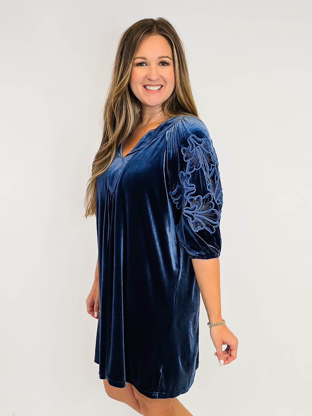 VELVET PUFF SLEEVE EMBROIDERY DRESS - SLATE BLUE