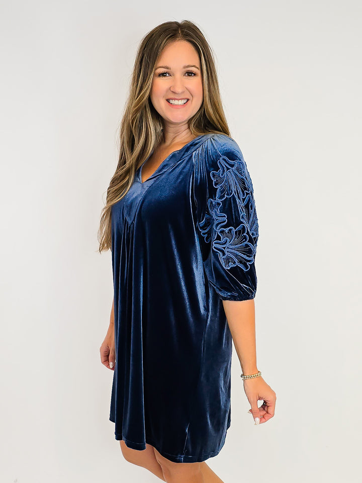 VELVET PUFF SLEEVE EMBROIDERY DRESS - SLATE BLUE