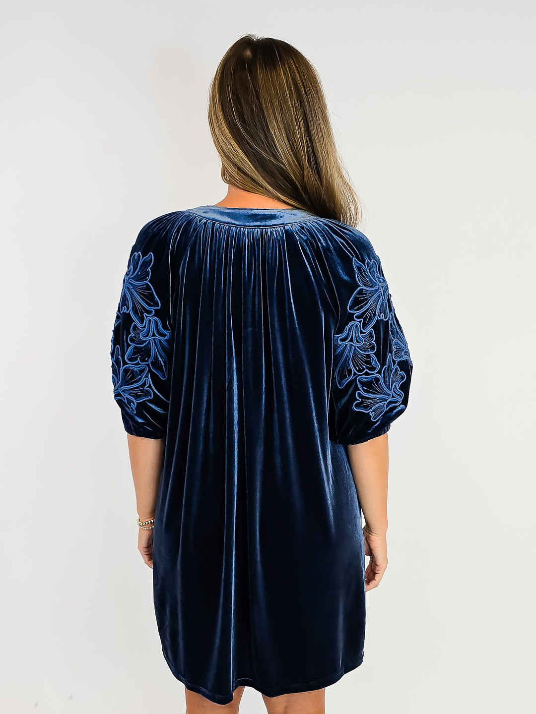 VELVET PUFF SLEEVE EMBROIDERY DRESS - SLATE BLUE