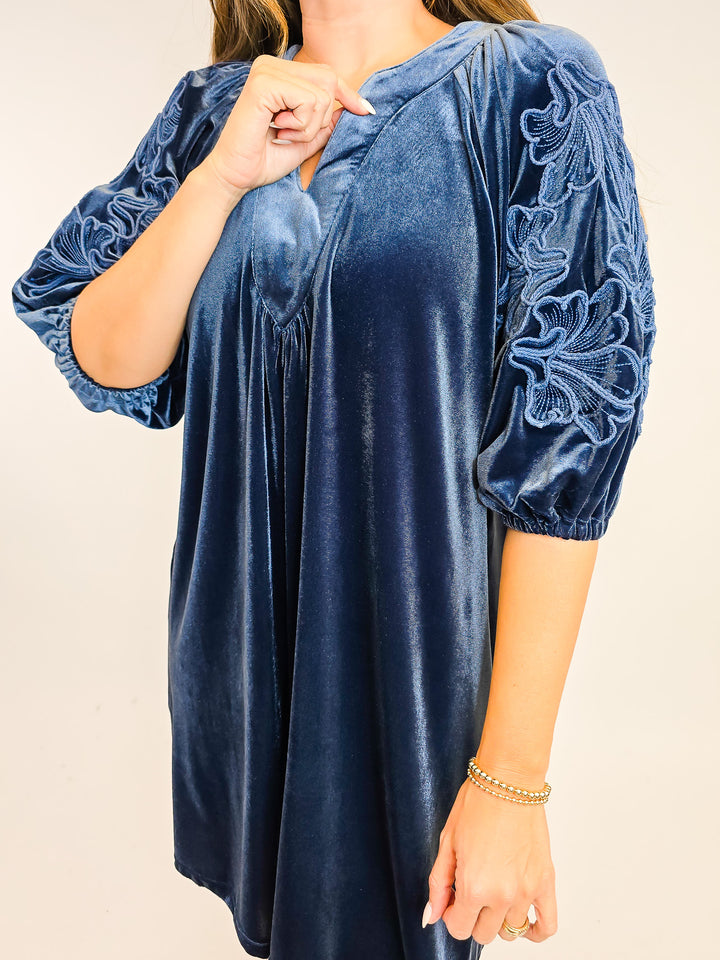 VELVET PUFF SLEEVE EMBROIDERY DRESS - SLATE BLUE