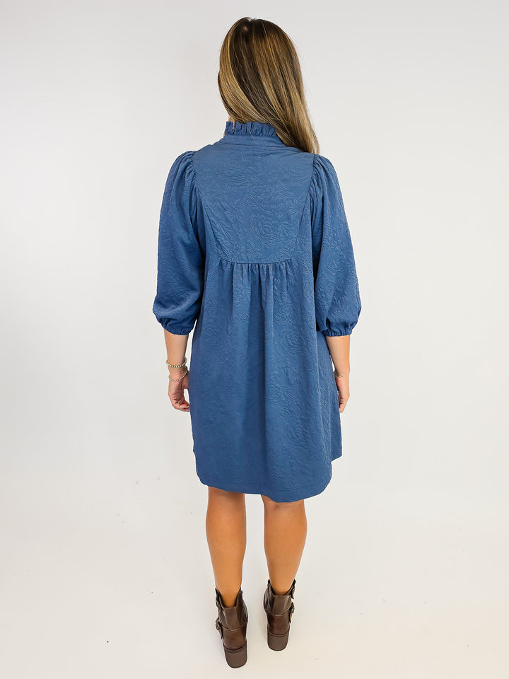 TEXTURED JACQUARD FLORAL LACE DETAIL SHORT DRESS - SLATE BLUE