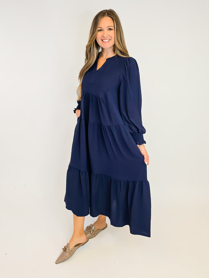 TIERED MIDI DRESS W/SMOCKED CUFFS - NAVY