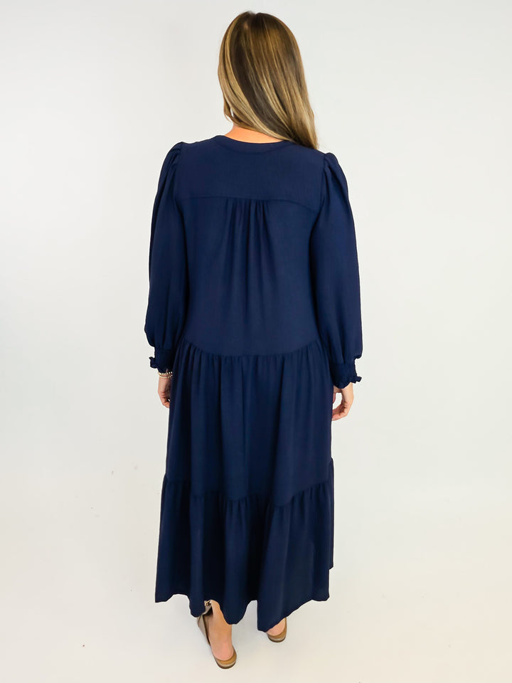 TIERED MIDI DRESS W/SMOCKED CUFFS - NAVY
