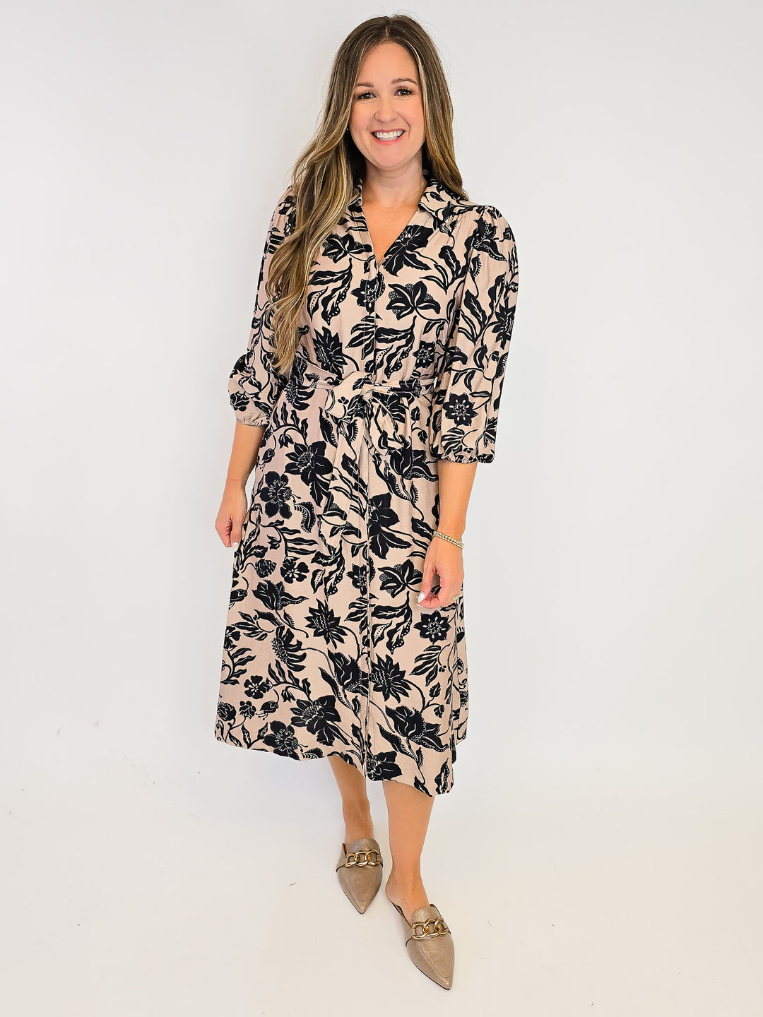 MIX FLORAL PRINT MIDI DRESS W/TIE WAIST - TAUPE MIX