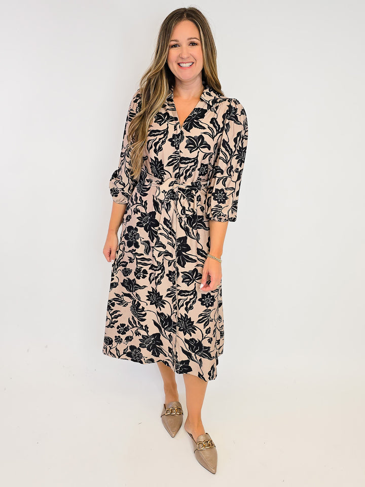MIX FLORAL PRINT MIDI DRESS W/TIE WAIST - TAUPE MIX