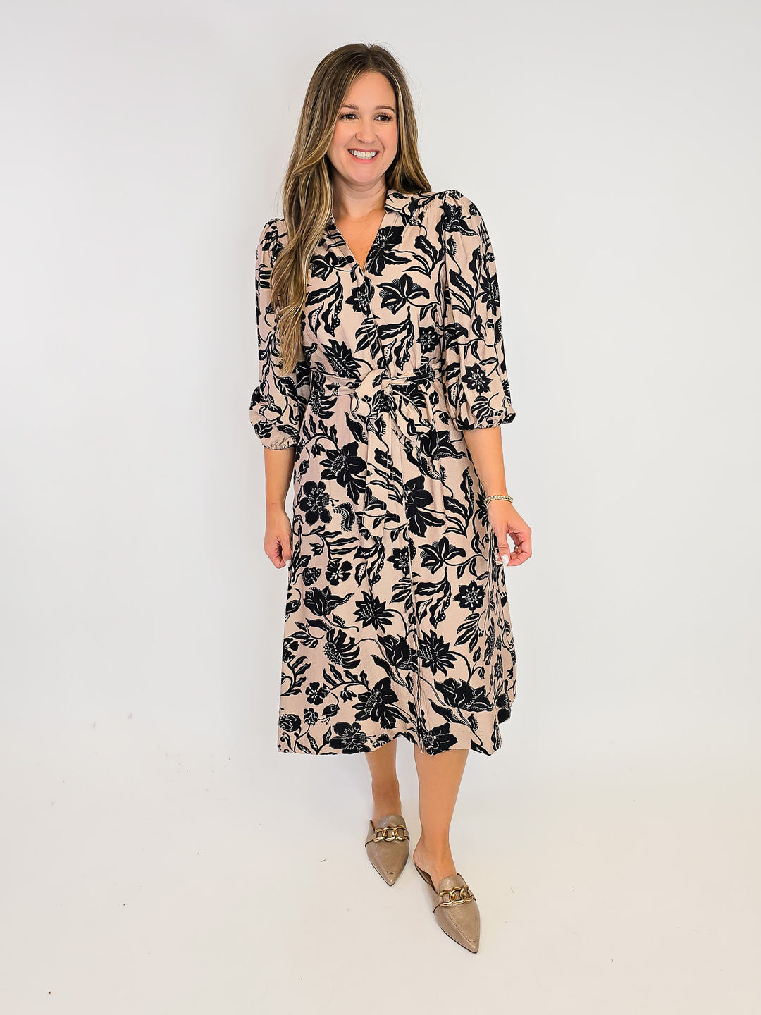 MIX FLORAL PRINT MIDI DRESS W/TIE WAIST - TAUPE MIX