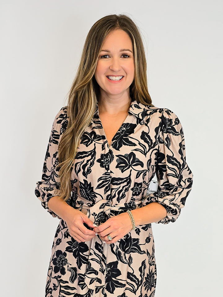 MIX FLORAL PRINT MIDI DRESS W/TIE WAIST - TAUPE MIX