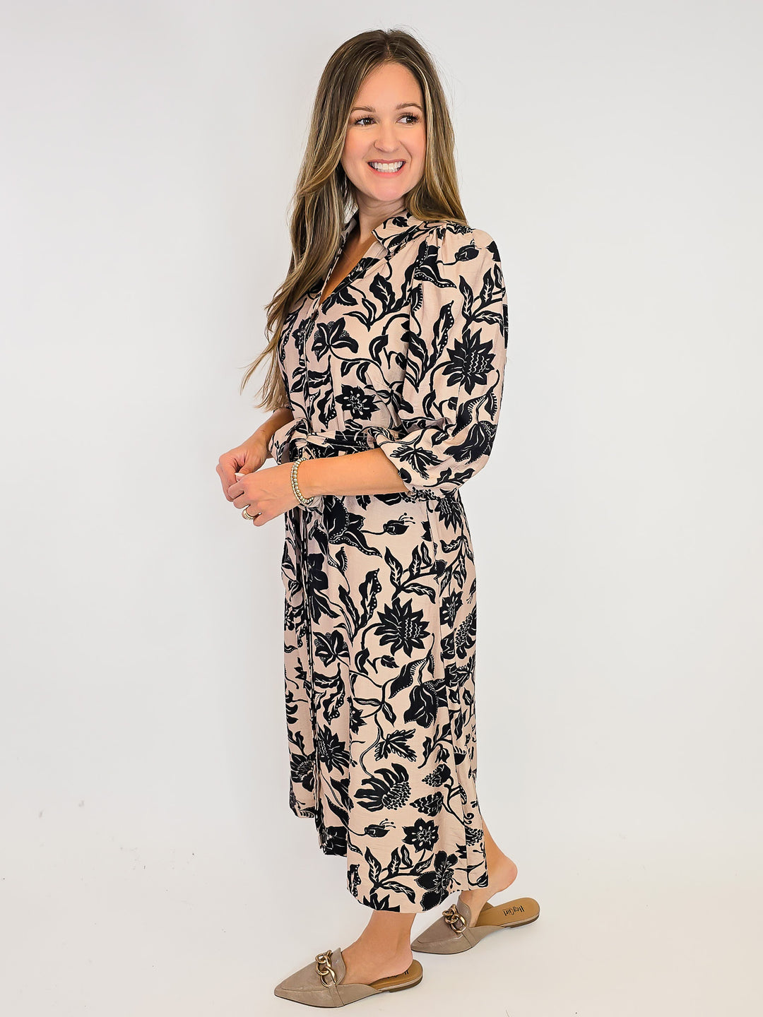 MIX FLORAL PRINT MIDI DRESS W/TIE WAIST - TAUPE MIX