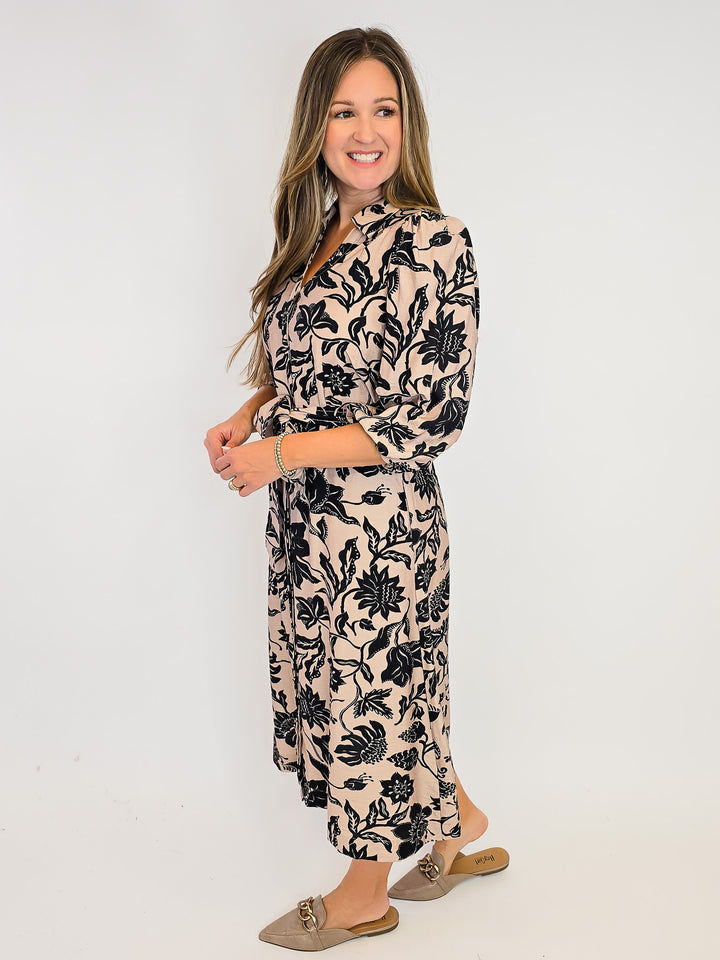 MIX FLORAL PRINT MIDI DRESS W/TIE WAIST - TAUPE MIX