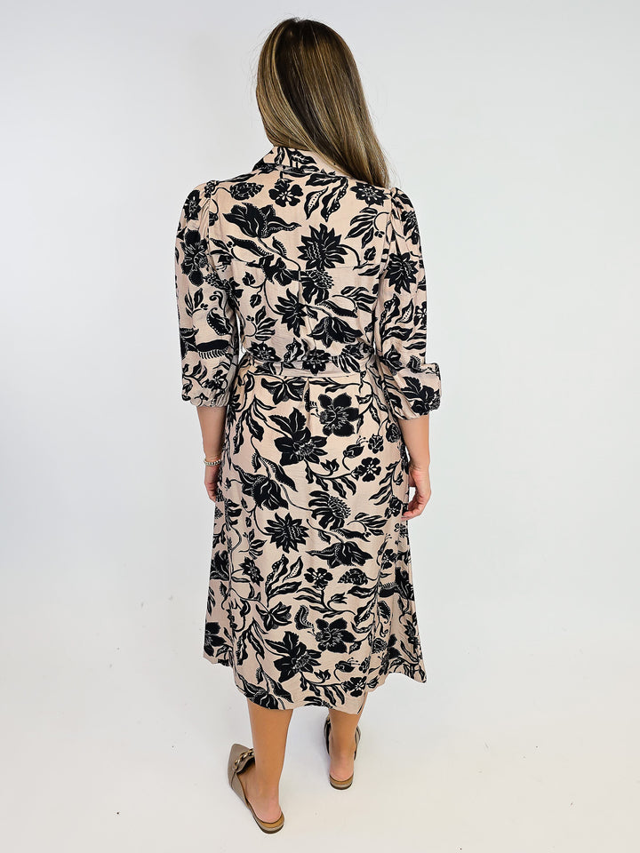 MIX FLORAL PRINT MIDI DRESS W/TIE WAIST - TAUPE MIX