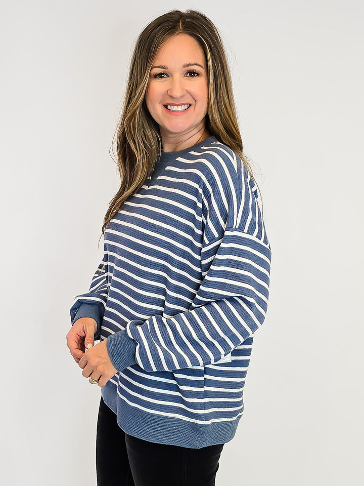 STRIPED CLOUDY KNIT L/S TOP - DENIM