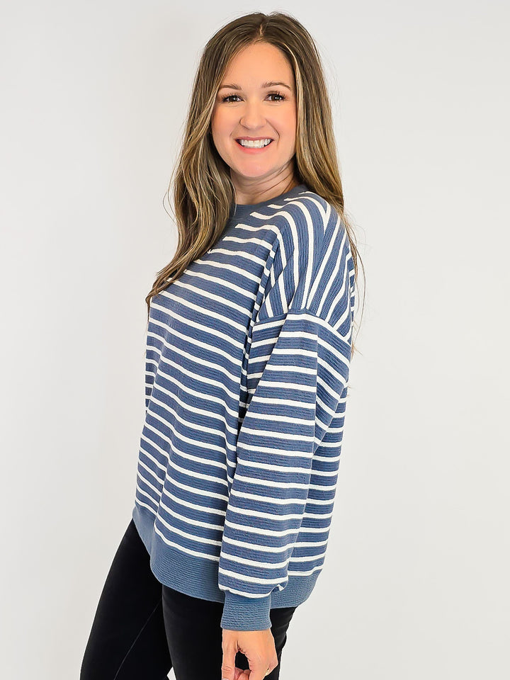 STRIPED CLOUDY KNIT L/S TOP - DENIM
