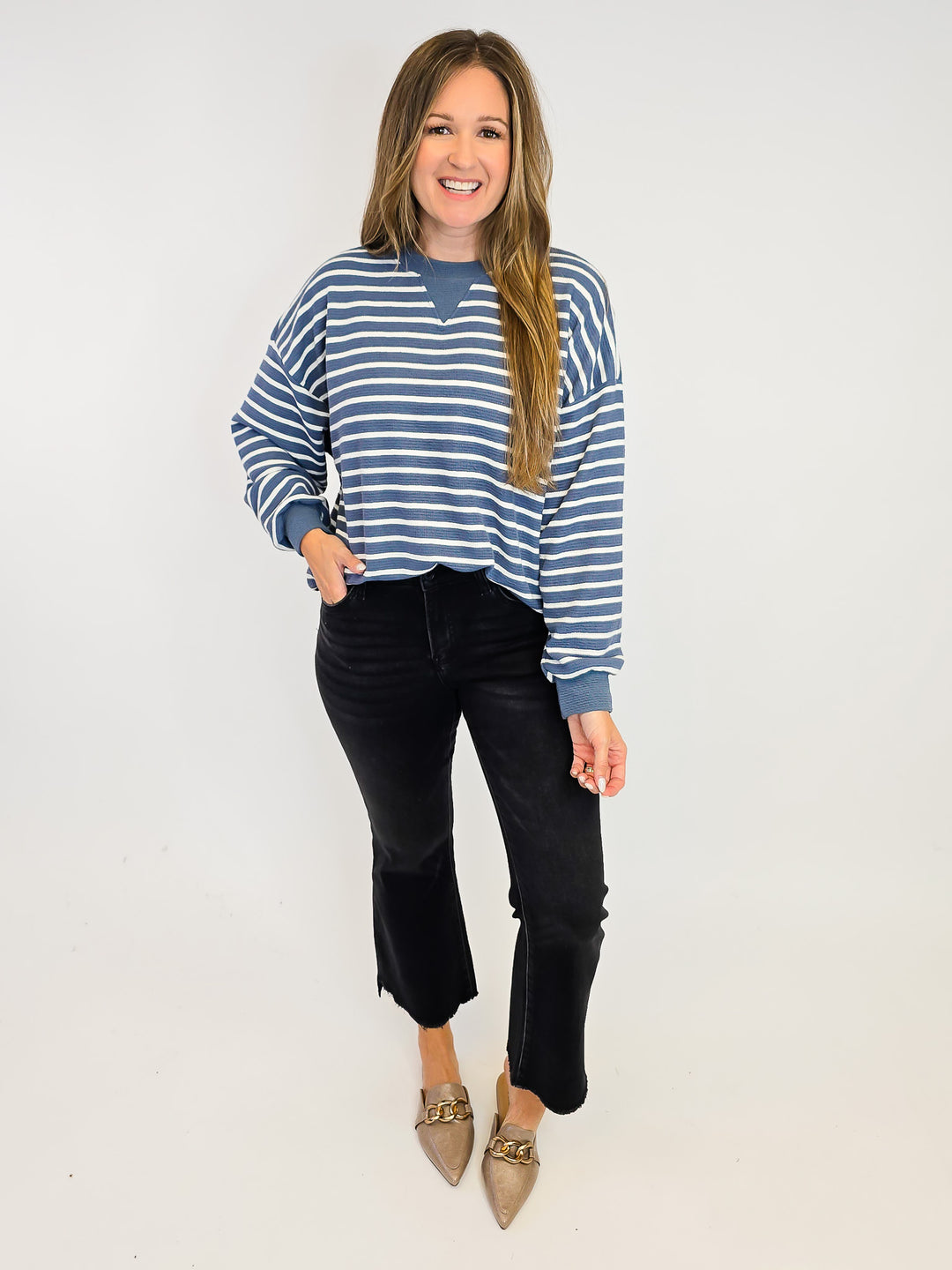 STRIPED CLOUDY KNIT L/S TOP - DENIM