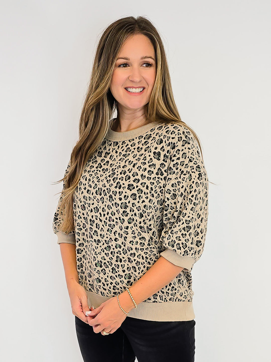 LEOPARD KNIT PUFF SLEEVE SWEATSHIRT - STONE