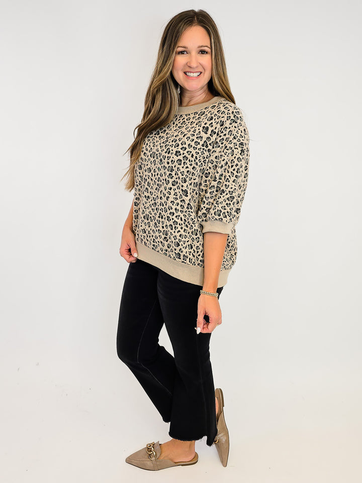 LEOPARD KNIT PUFF SLEEVE SWEATSHIRT - STONE