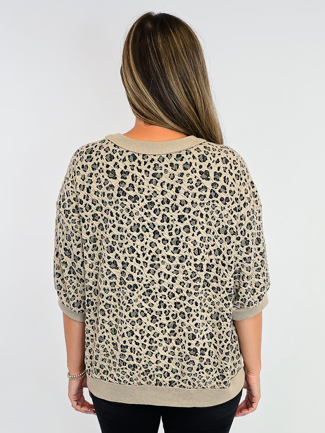 LEOPARD KNIT PUFF SLEEVE SWEATSHIRT - STONE