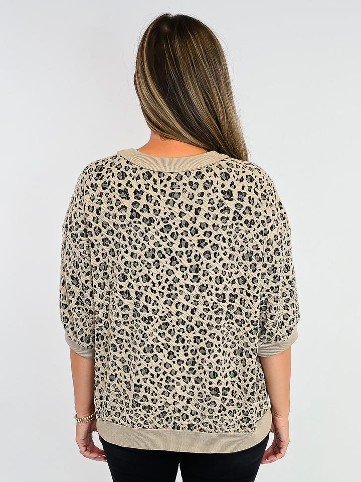 LEOPARD KNIT PUFF SLEEVE SWEATSHIRT - STONE