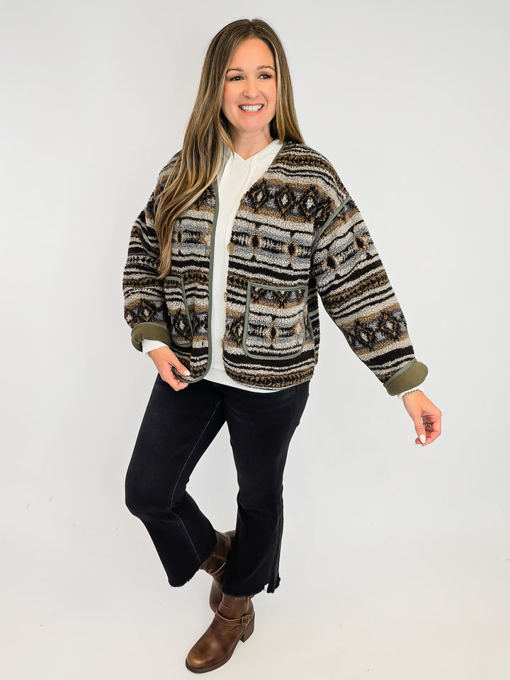 AZTEC PATCH POCKET NORDIC BUTTON DOWN JACKET - ASH BROWN