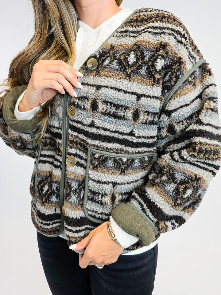 AZTEC PATCH POCKET NORDIC BUTTON DOWN JACKET - ASH BROWN