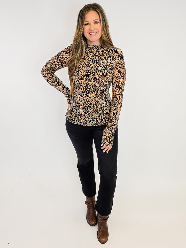 ANIMAL PRINT MESH MOCK NECK LONG SLEEVE TOP - TAUPE/BLACK