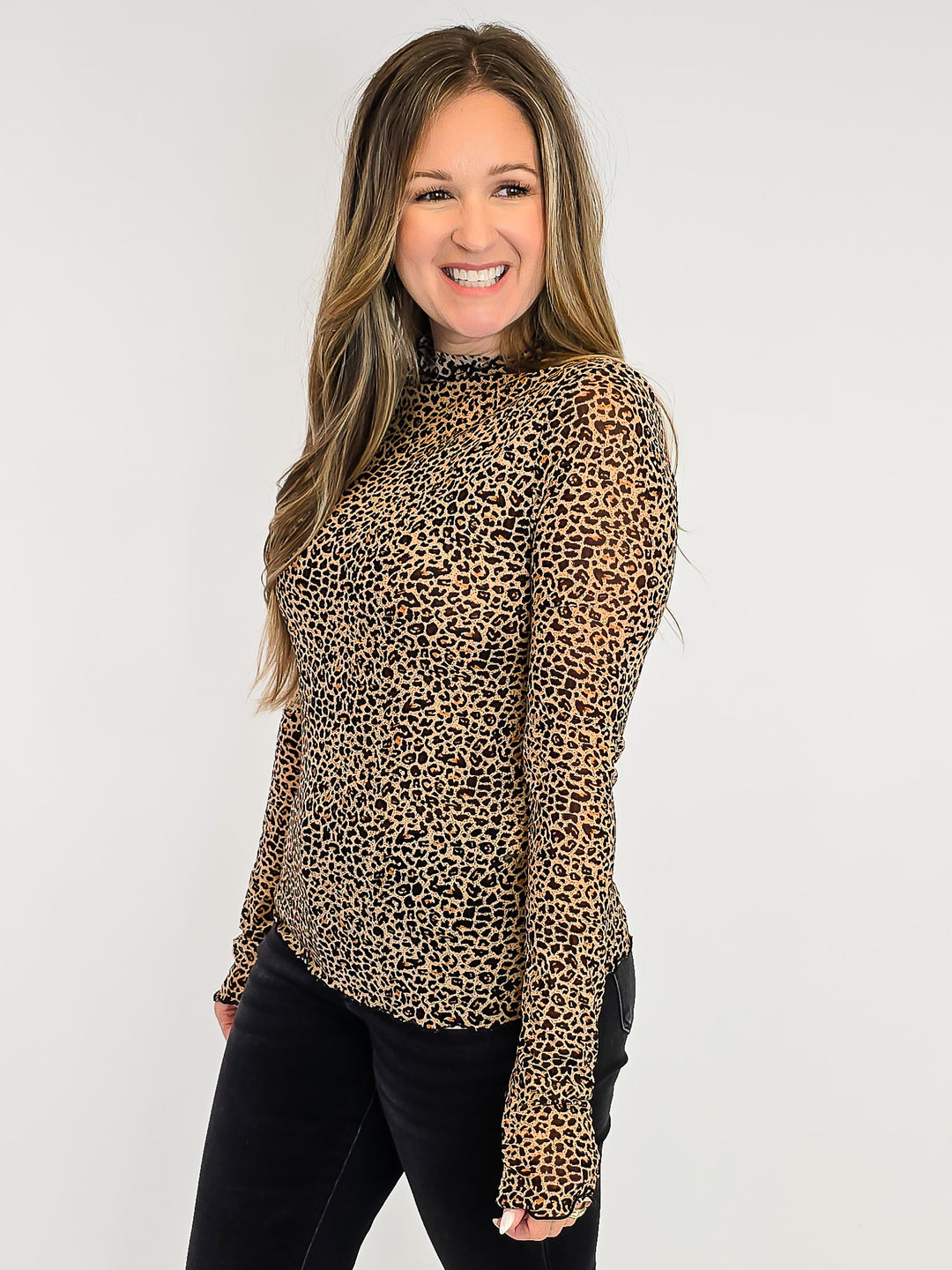 ANIMAL PRINT MESH MOCK NECK LONG SLEEVE TOP - TAUPE/BLACK