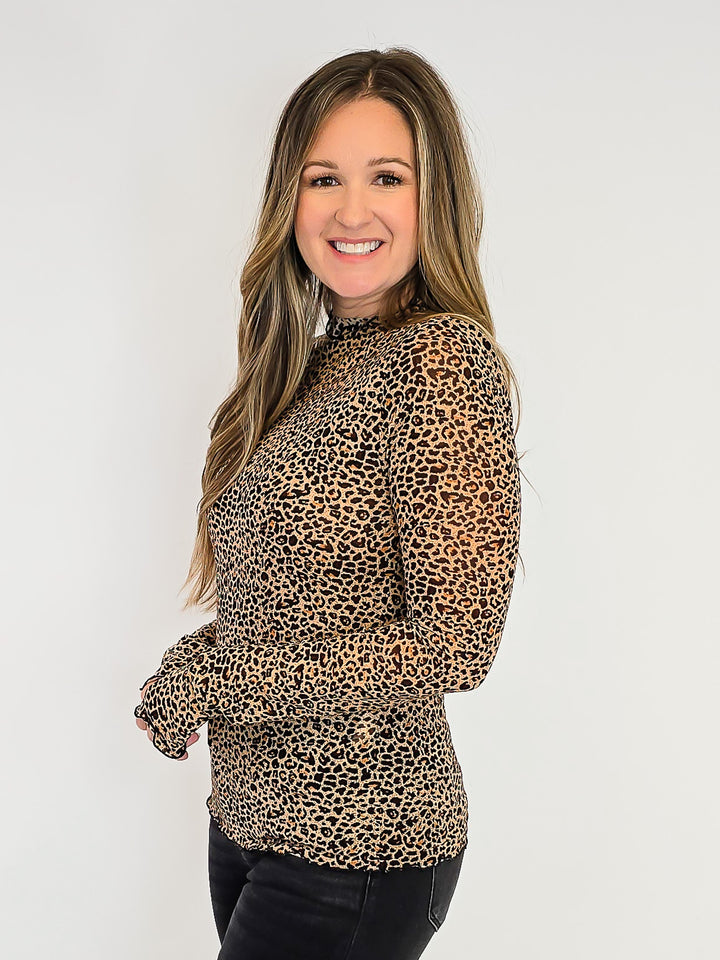 ANIMAL PRINT MESH MOCK NECK LONG SLEEVE TOP - TAUPE/BLACK