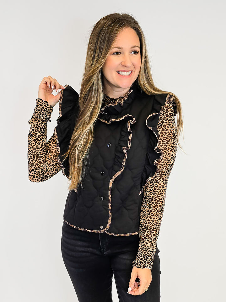 QUILTED RUFFLE VEST W/LEOPARD TRIM - BLACK