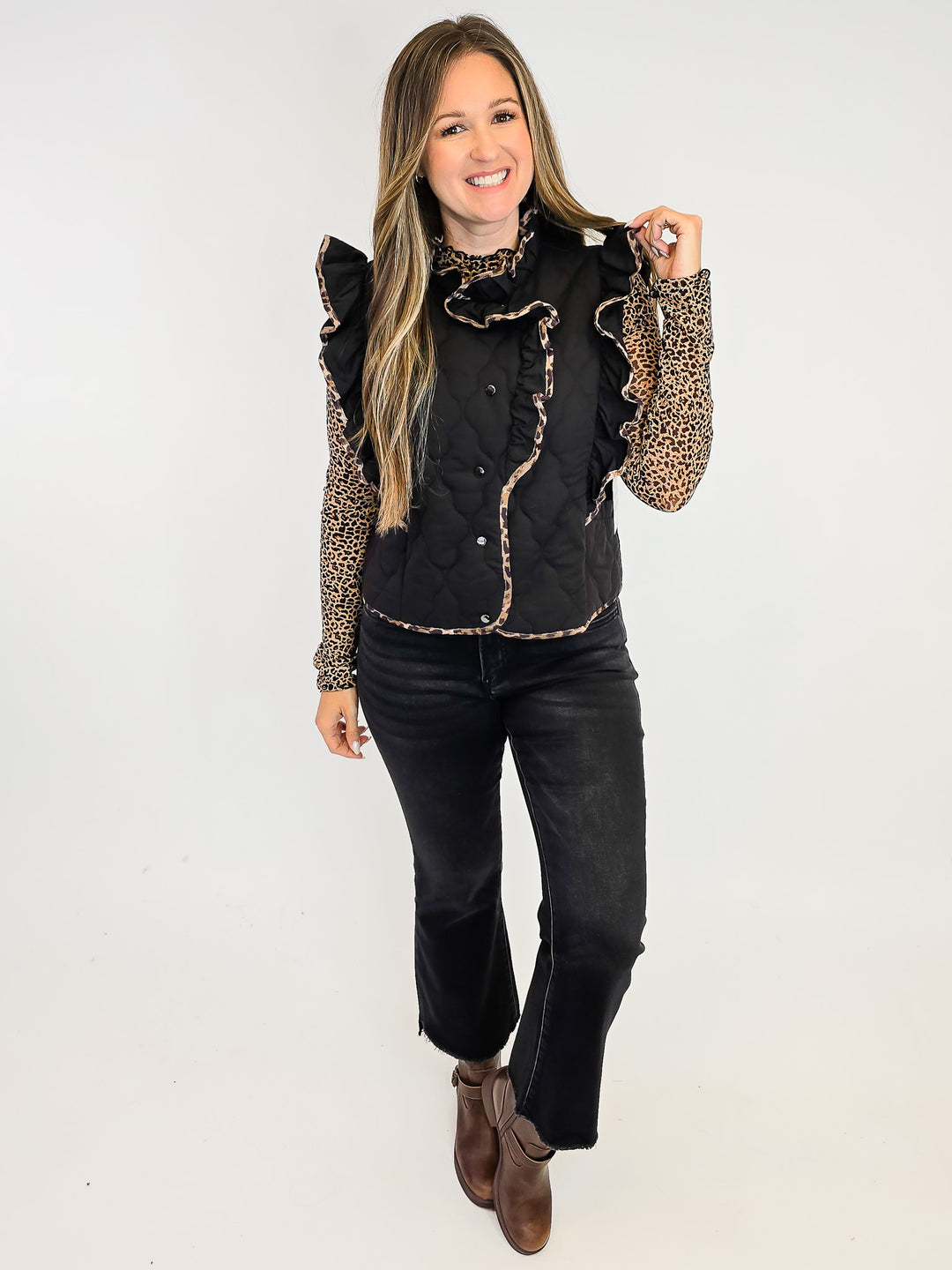 QUILTED RUFFLE VEST W/LEOPARD TRIM - BLACK