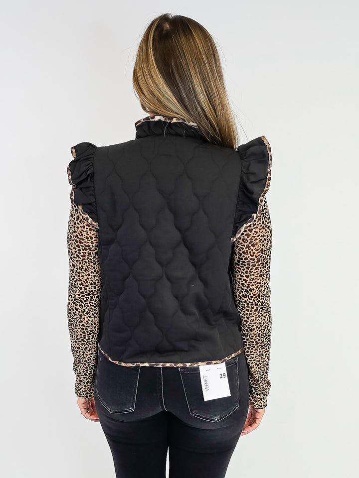QUILTED RUFFLE VEST W/LEOPARD TRIM - BLACK