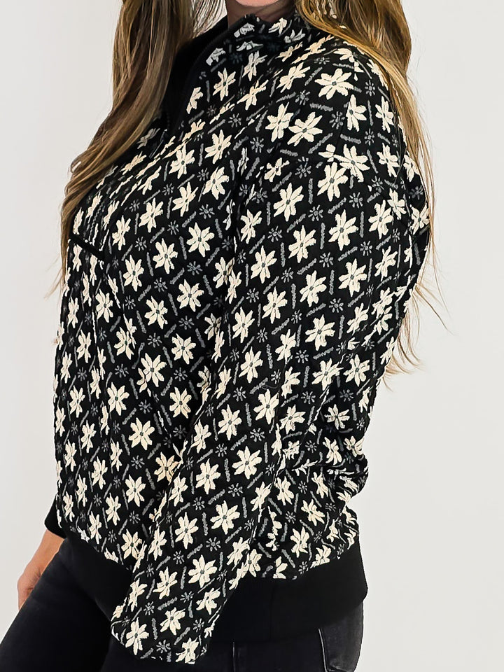 TEXTURED KNIT JACQUARD HALF ZIP UP TOP - BLACK
