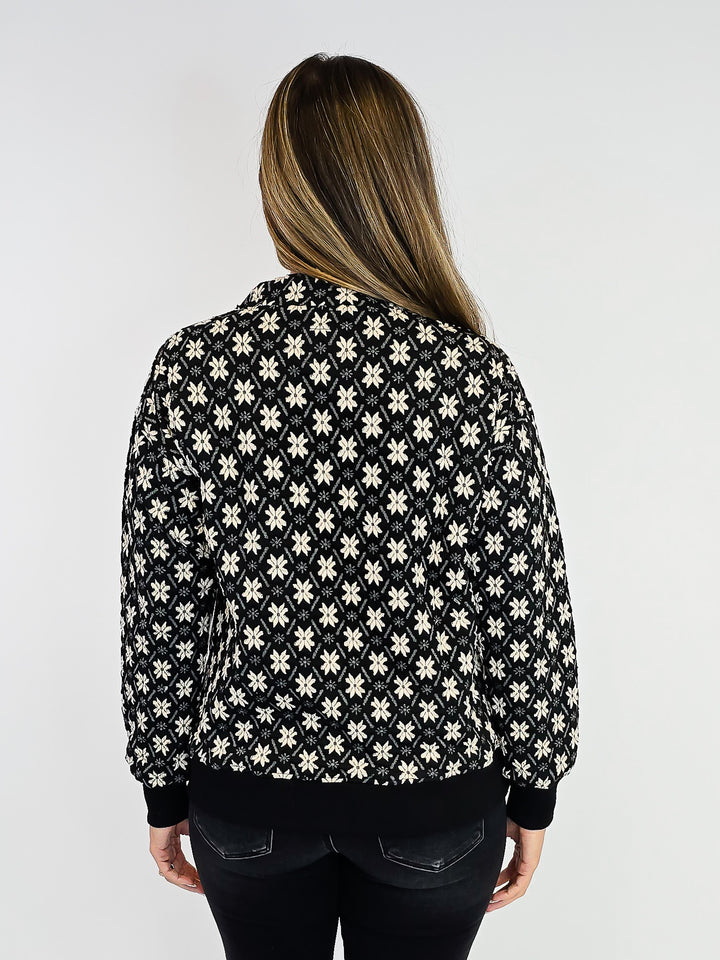 TEXTURED KNIT JACQUARD HALF ZIP UP TOP - BLACK