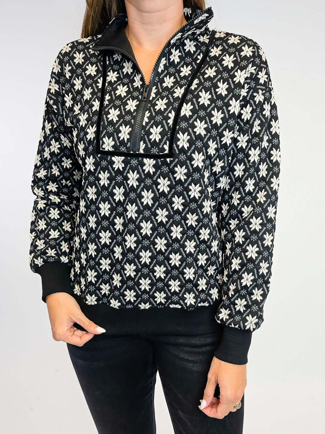 TEXTURED KNIT JACQUARD HALF ZIP UP TOP - BLACK