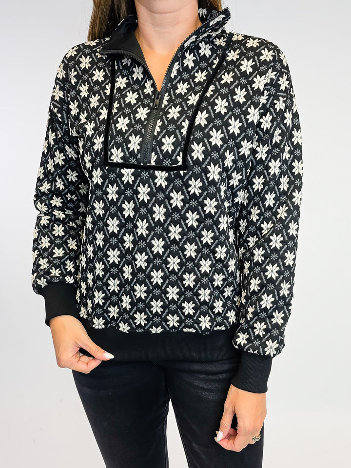 TEXTURED KNIT JACQUARD HALF ZIP UP TOP - BLACK