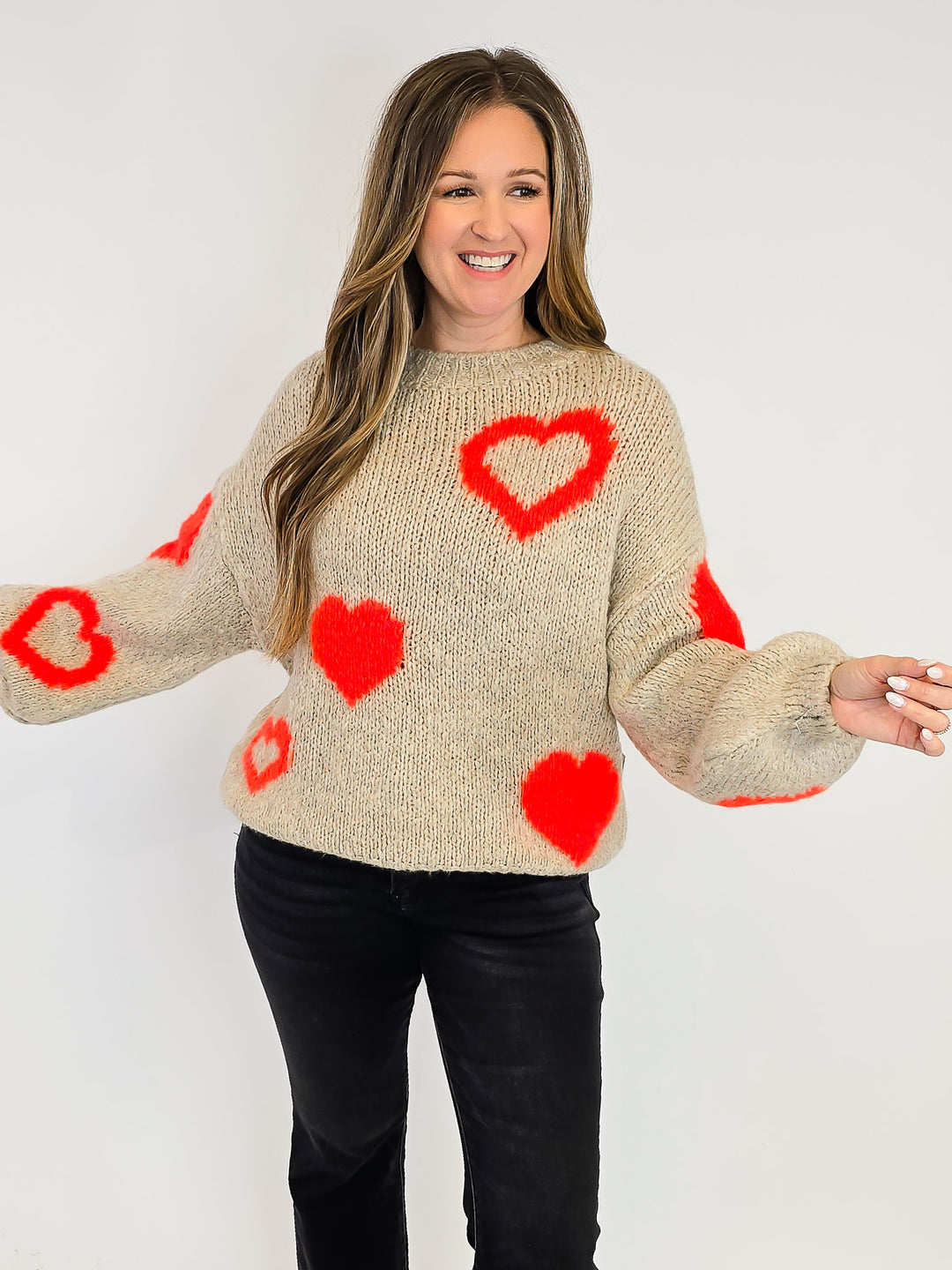 DOLMAL PUFF LONG SLEEVE HEART SWEATER - ONE SIZE - TAN/NEON ORANGE