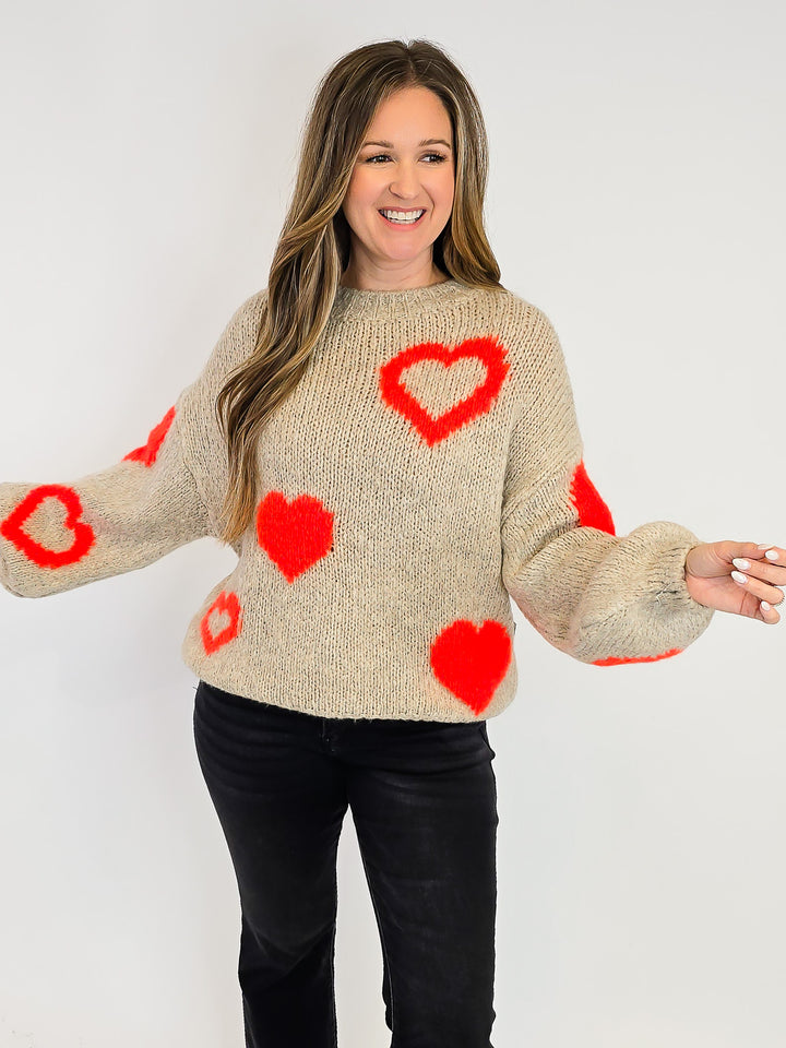 DOLMAL PUFF LONG SLEEVE HEART SWEATER - ONE SIZE - TAN/NEON ORANGE