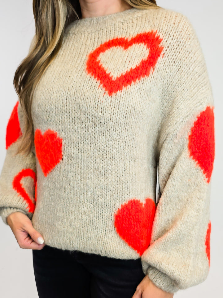 DOLMAL PUFF LONG SLEEVE HEART SWEATER - ONE SIZE - TAN/NEON ORANGE