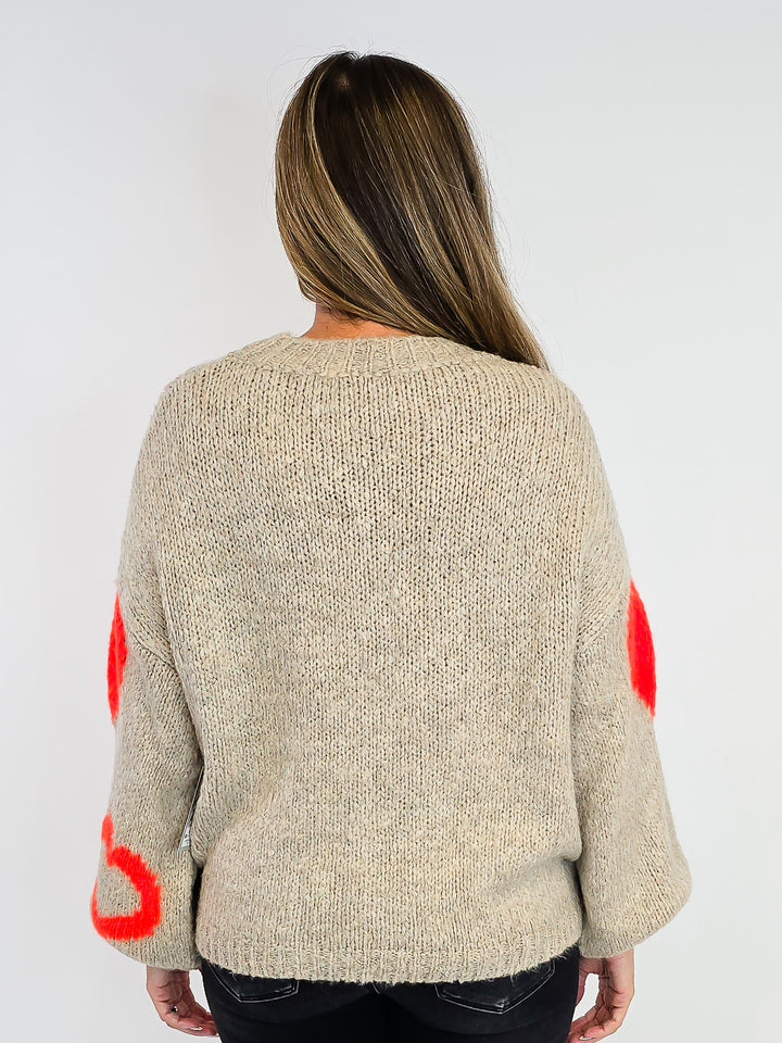 DOLMAL PUFF LONG SLEEVE HEART SWEATER - ONE SIZE - TAN/NEON ORANGE