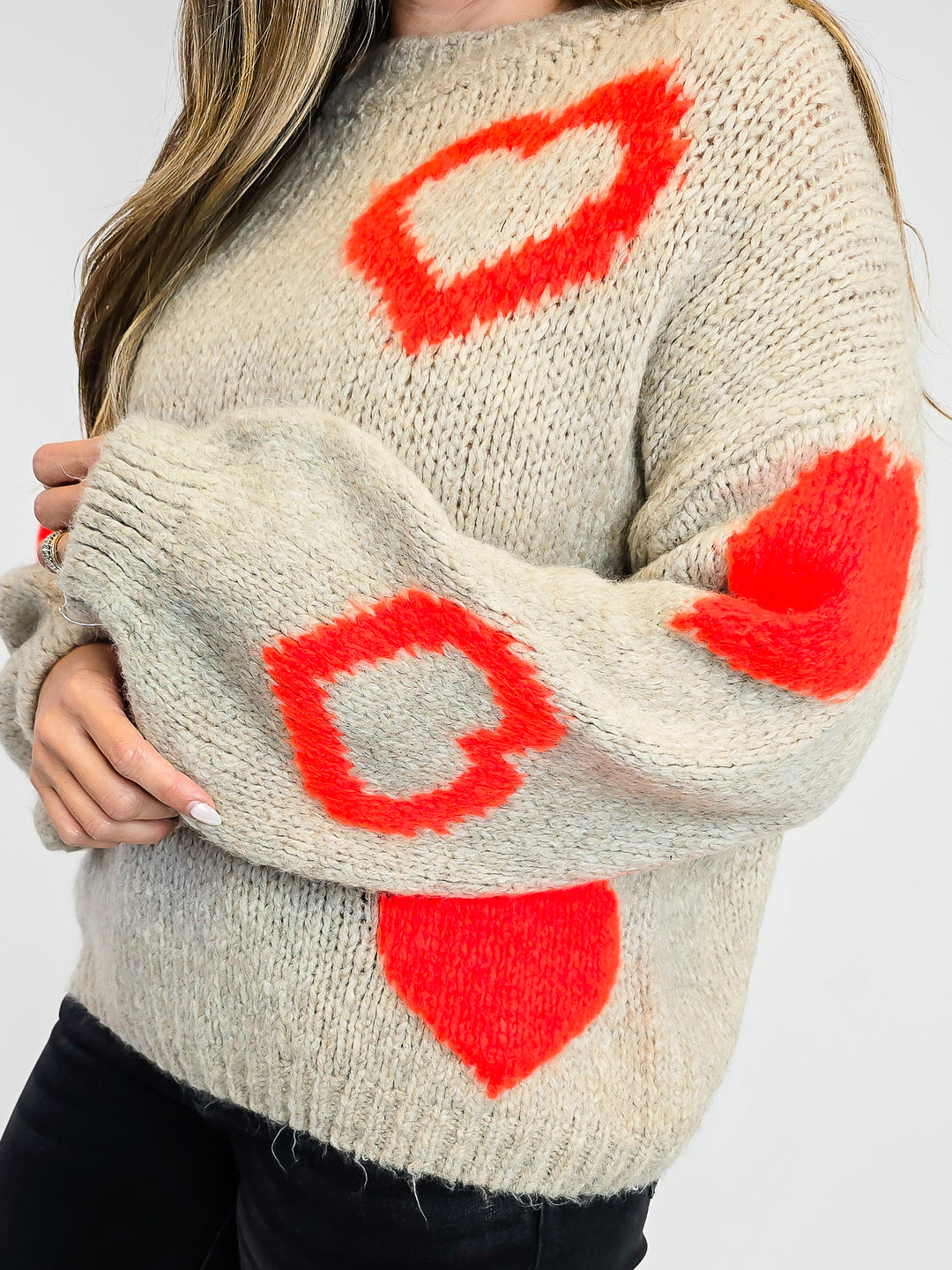DOLMAL PUFF LONG SLEEVE HEART SWEATER - ONE SIZE - TAN/NEON ORANGE