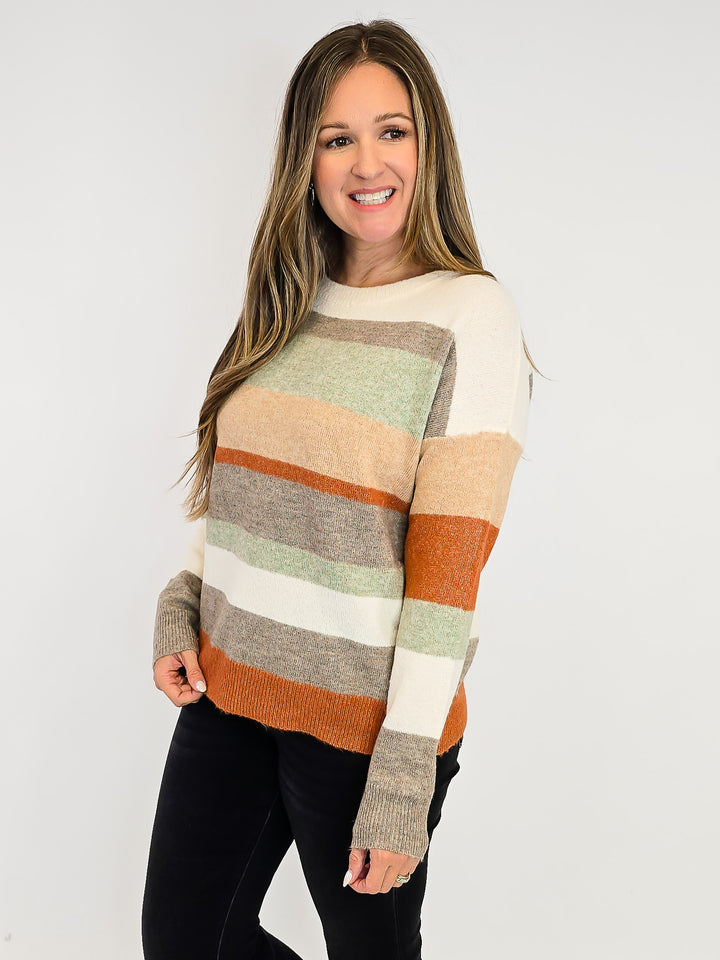 COLOR BLOCKED CREW NECK SWEATER - MOCHA/TAUPE