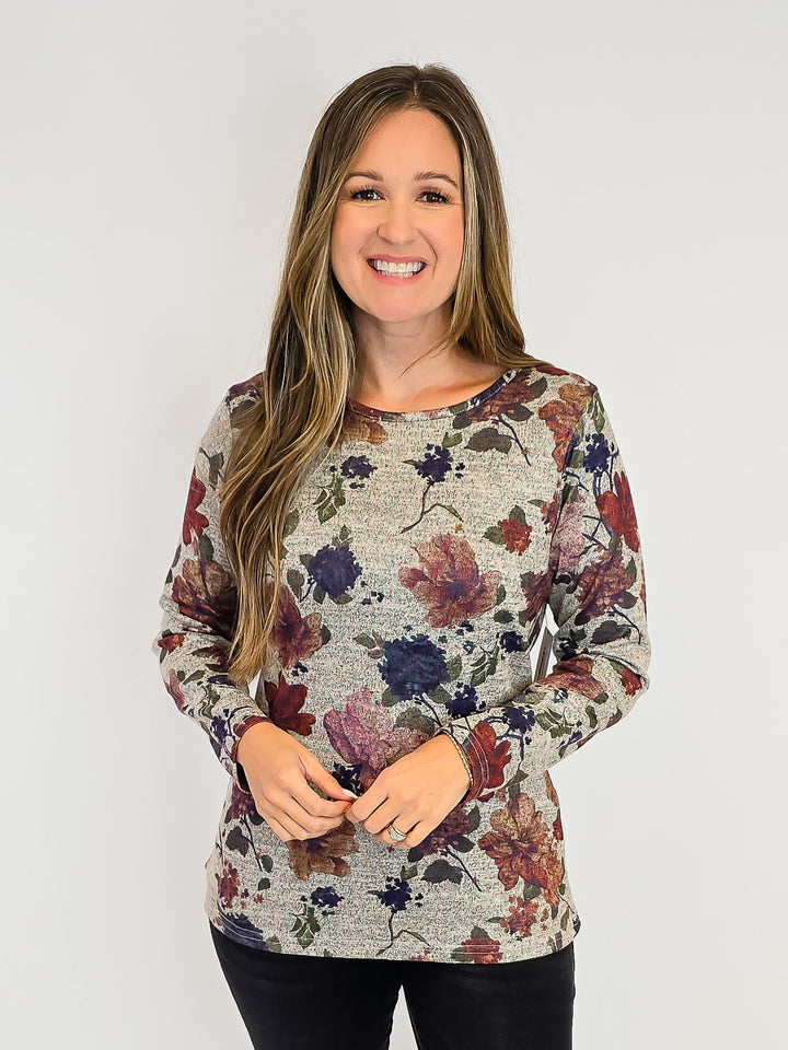 LONG SLEEVE FLORAL PRINT TOP - BURNT ORANGE/BEIGE