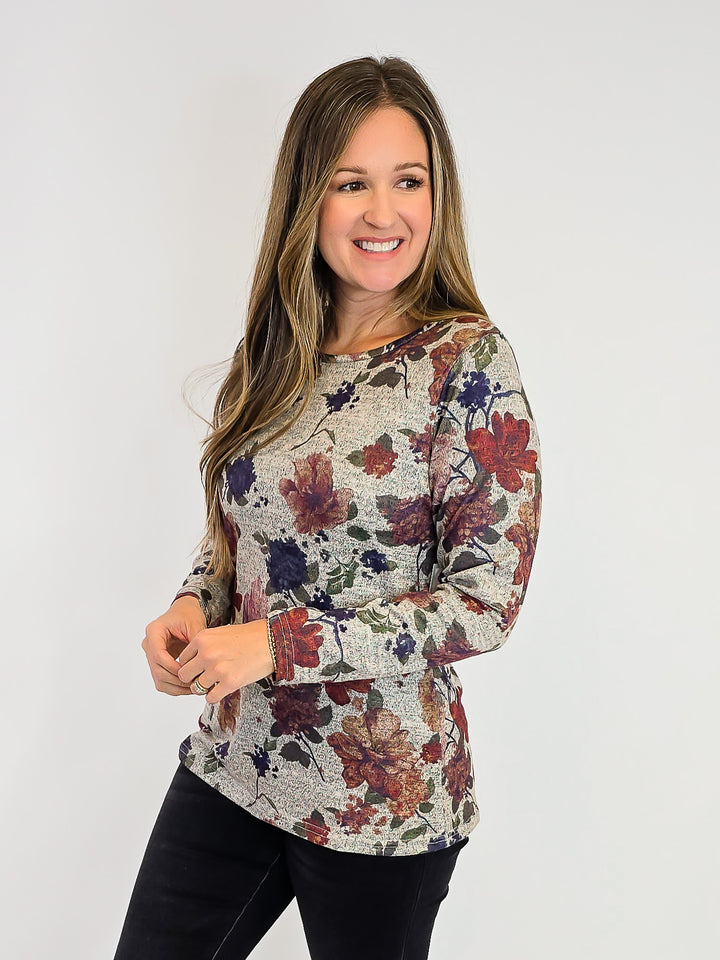 LONG SLEEVE FLORAL PRINT TOP - BURNT ORANGE/BEIGE