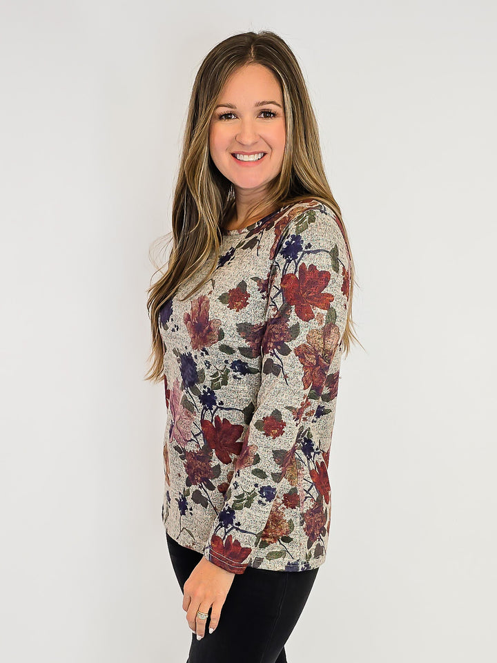 LONG SLEEVE FLORAL PRINT TOP - BURNT ORANGE/BEIGE