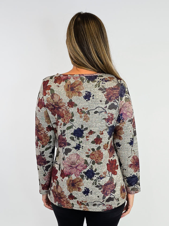 LONG SLEEVE FLORAL PRINT TOP - BURNT ORANGE/BEIGE